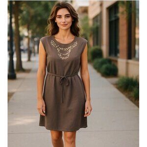 Merona Dress Women Size 6 Belted Cap Sleeve Embellished Gray Office Party Career